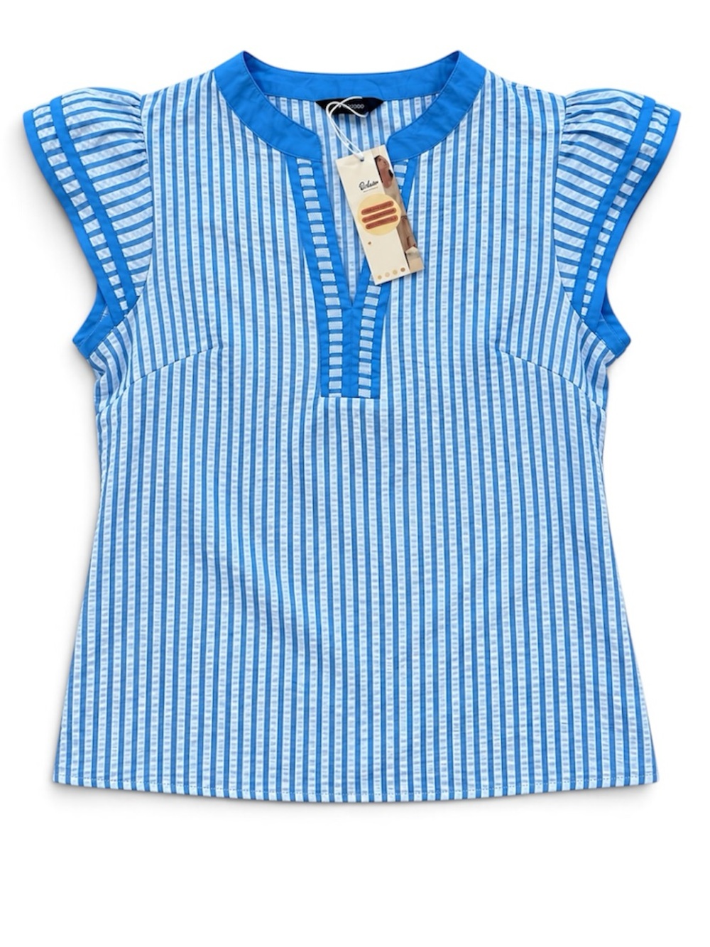 NWT Dokotoo Women’s Striped Blouse Large Blue White Ruffle Cap Flutter Sleeve